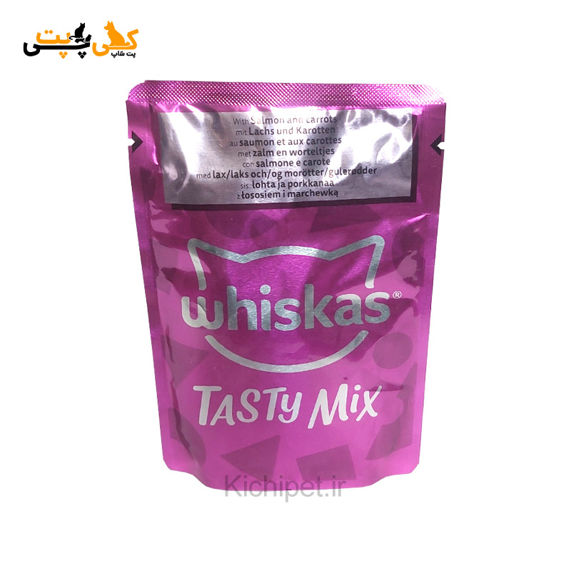 پوچ گربه ویسکاس whiskas Tasty Mix طعم ماهی سالمون و هویج - وزن 85 گرم