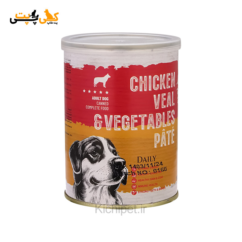 کنسرو پته مخصوص سگ بالغ طعم گوشت مرغ ، گوشت گوساله و سبزیجات برند DPS - وزن 400 گرمی